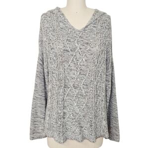 Carbon2Cobalt Cable Knit Hooded Sweater V-Neck Cotton Gray Small